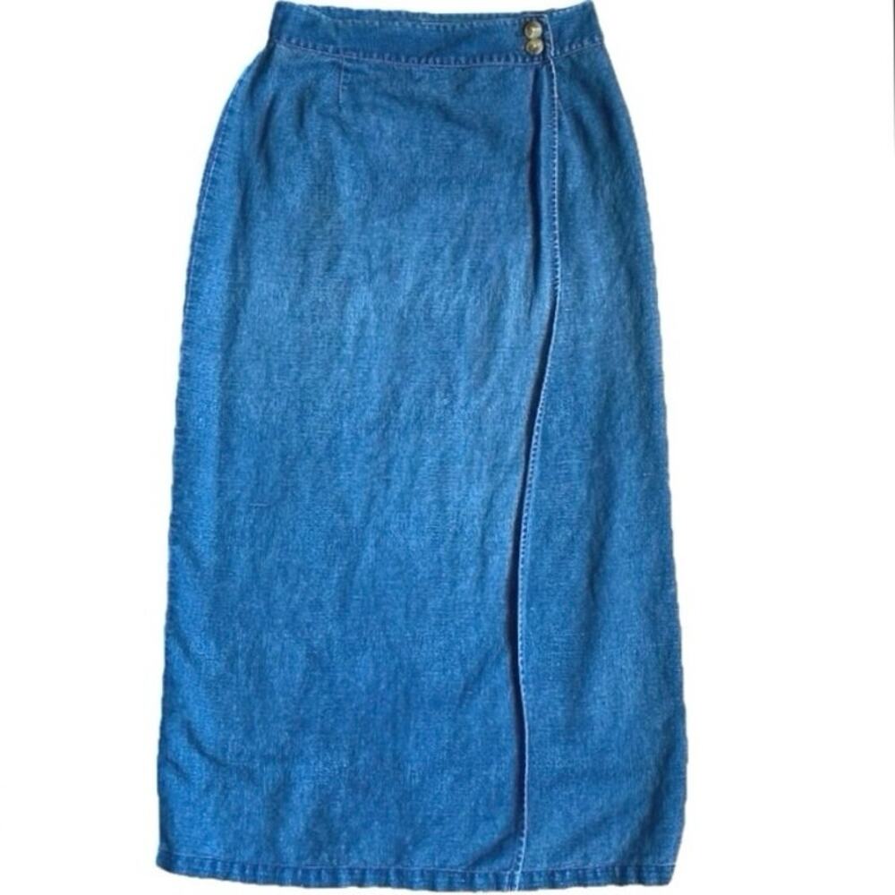 VTG CHEROKEE Denim Linen Button Wrap Maxi Skirt Size 8 90s Country Western Boho - Picture 4 of 11